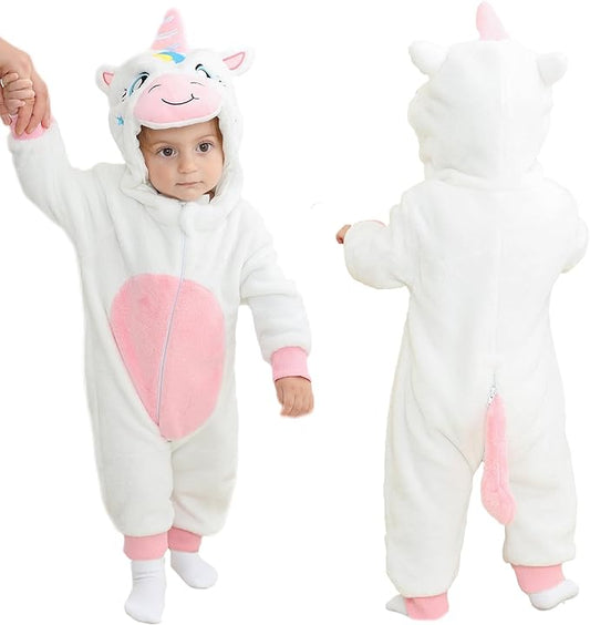 MICHLEY White Unicorn Baby Costume Winter Flannel Hooded Romper
