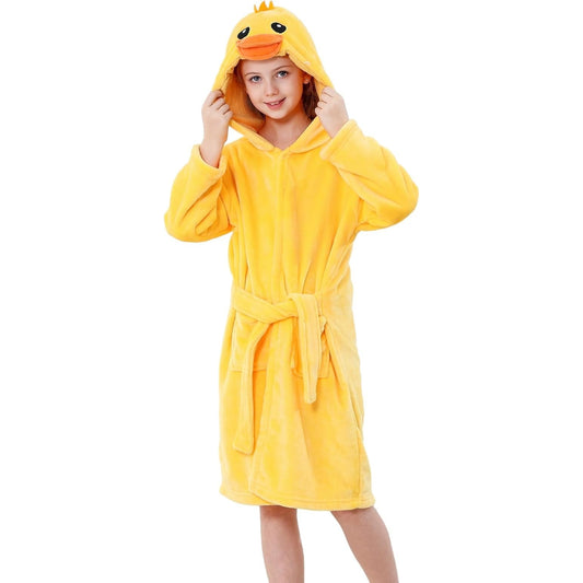 MICHLEY Kids Yellow Duck Hooded Bathrobe Soft Flannel Animal Sleepwear