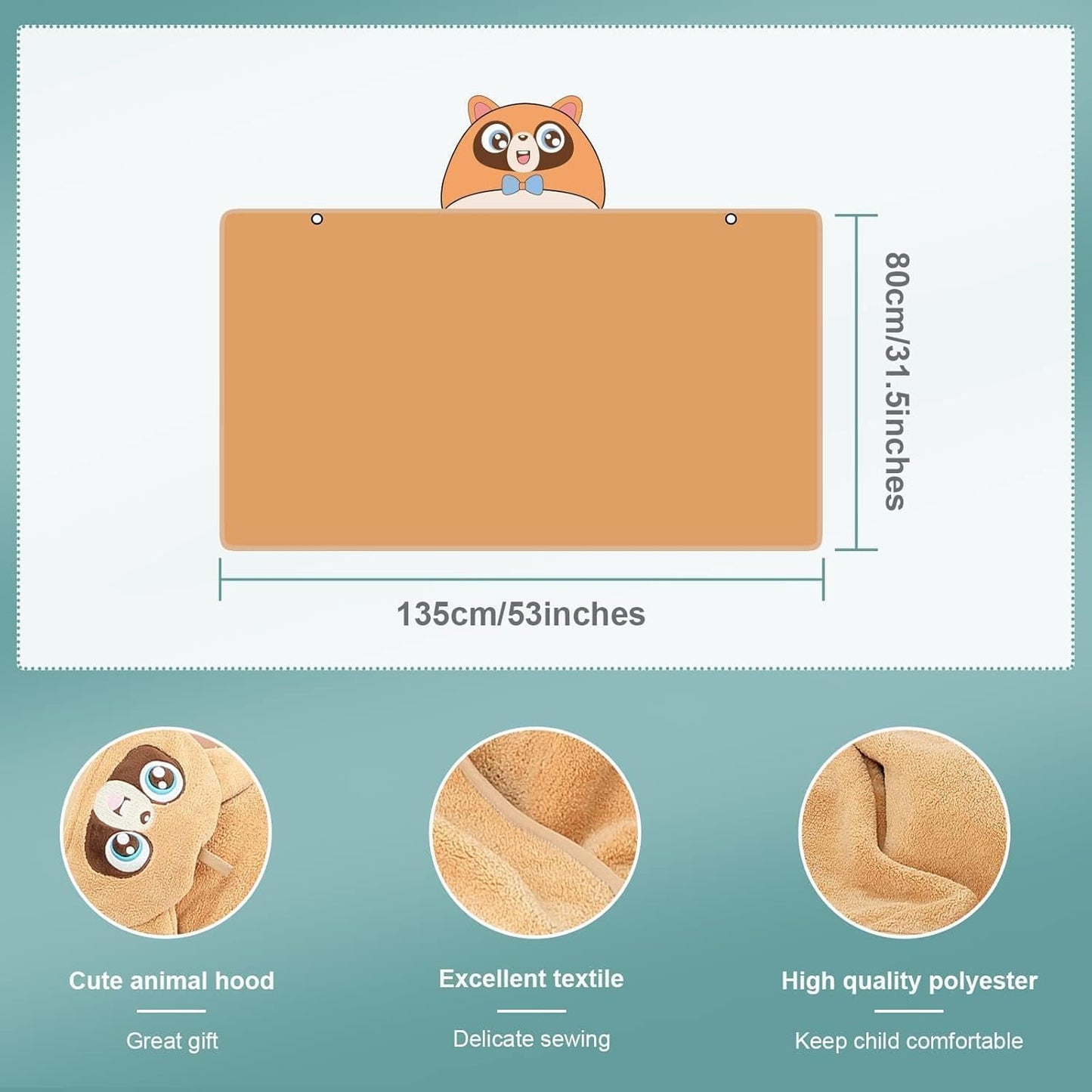 MICHLEY Large Raccoon Hooded Baby Towel Kids Swim Robe 31.5"x53"