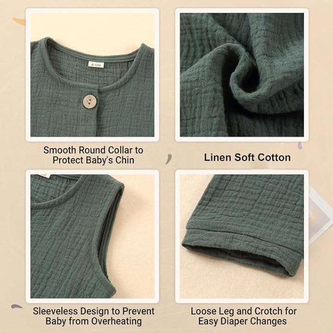 MICHLEY Baby Sleeveless Summer Cotton Romper Unisex Toddler Jumpsuit (Green)