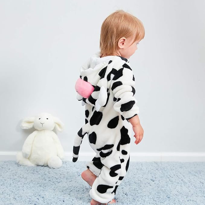MICHLEY Baby Cow Costume | Flannel Hooded Animal Romper