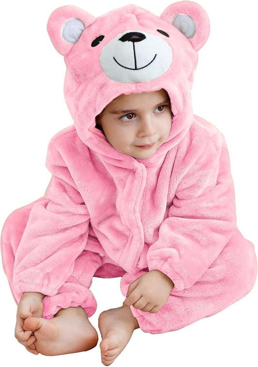 MICHLEY Baby Adorable Pink Bear Hooded Romper Soft Flannel Animal Costume