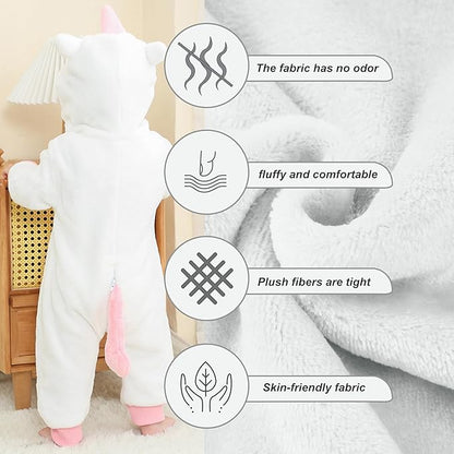 MICHLEY White Unicorn Baby Costume Winter Flannel Hooded Romper