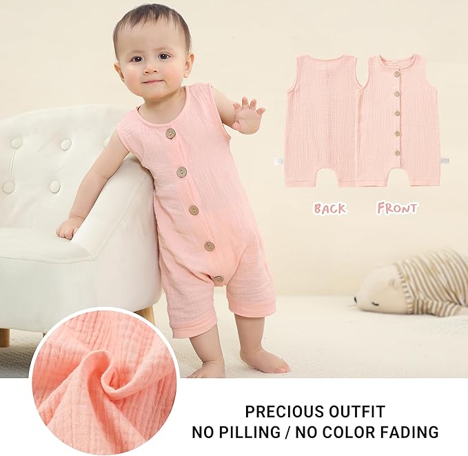 MICHLEY Baby Sleeveless Summer Cotton Romper Unisex Toddler Jumpsuit (Pink)