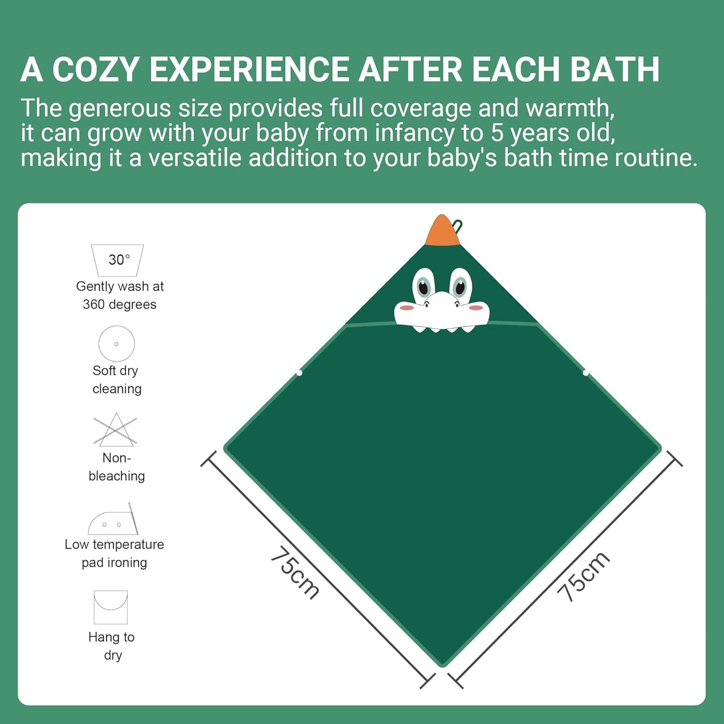 MICHLEY Green Dinosaur Bamboo Viscose Baby Hooded Towel Ultra-Soft 29.5"x29.5"