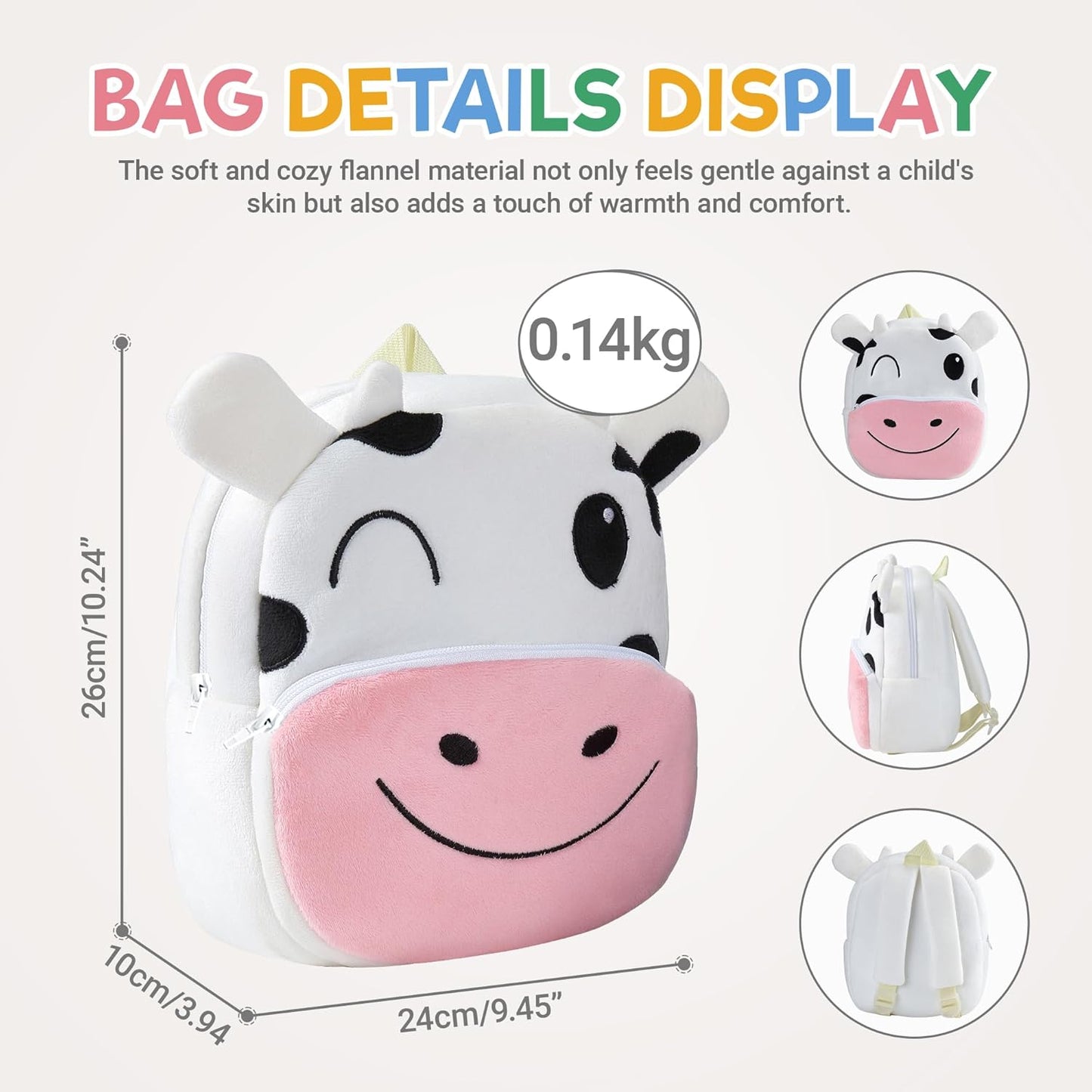 MICHLEY Kids Cow Plush Animal Backpack Soft Kindergarten School Bag