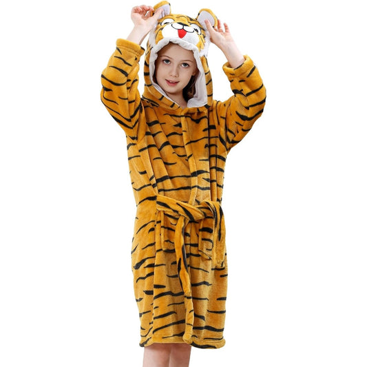MICHLEY Kids Orange Tiger Hooded Bathrobe Soft Flannel Animal Sleepwear