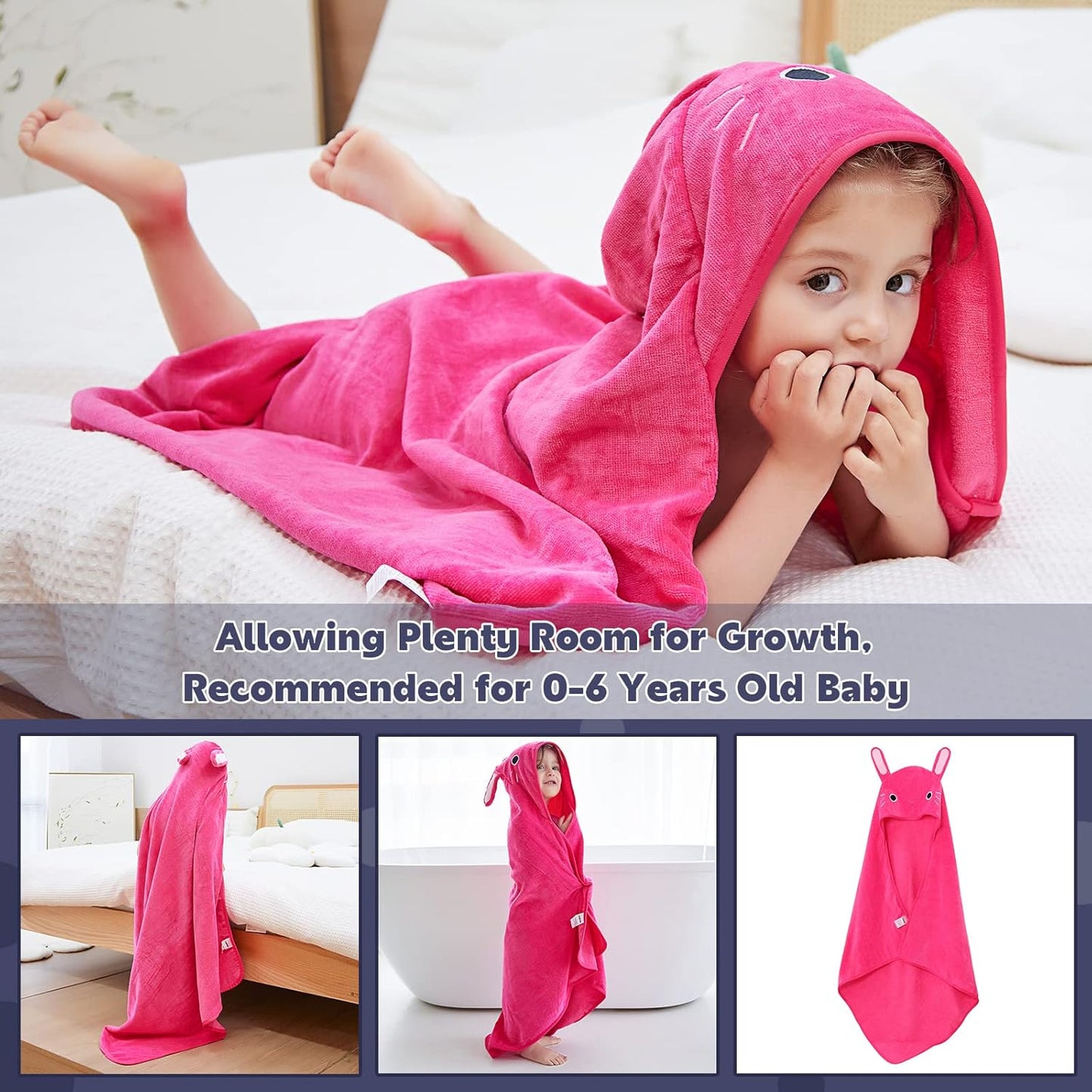 MICHLEY Baby Rose Pink Bunny Hooded Bathrobe Soft Cotton Towel Robe