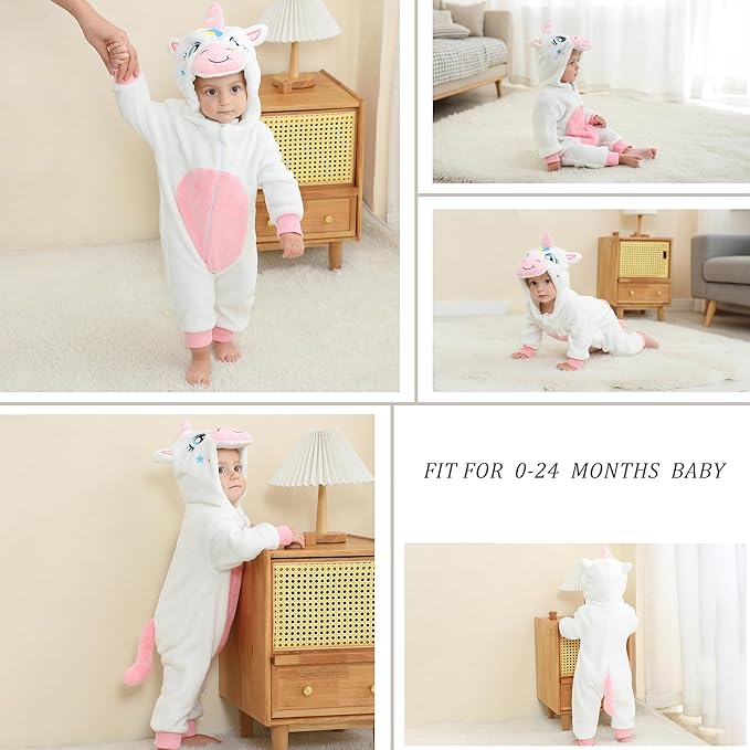 MICHLEY White Unicorn Baby Costume Winter Flannel Hooded Romper