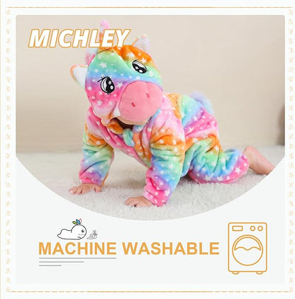 MICHLEY Rainbow Unicorn Baby Costume Winter Flannel Hooded Romper