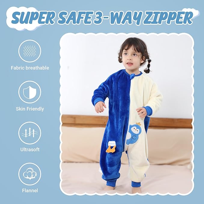 MICHLEY Blue Penguin Kids Sleep Sack – Flannel Wearable Pajamas for Toddlers