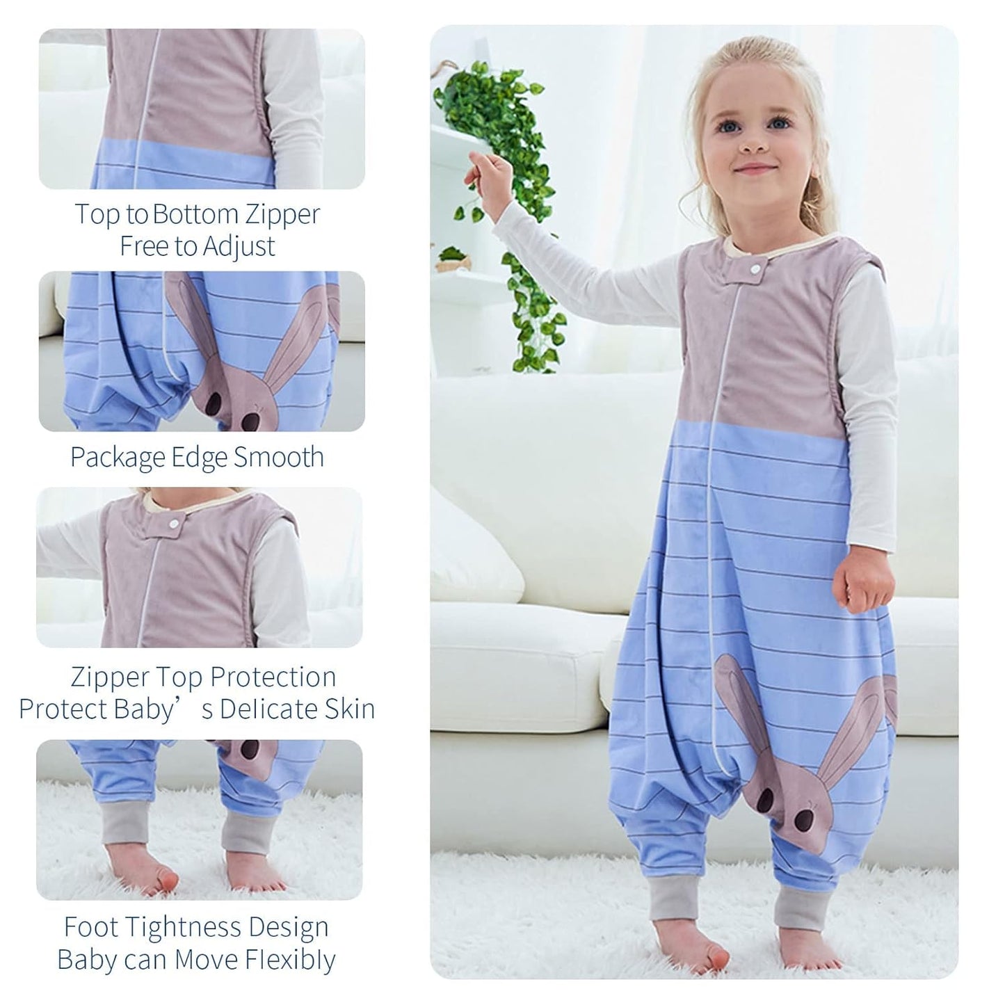 MICHLEY Baby Blue Striped Rabbit Sleeping Sack with Feet Sleeveless Wearable Blanket