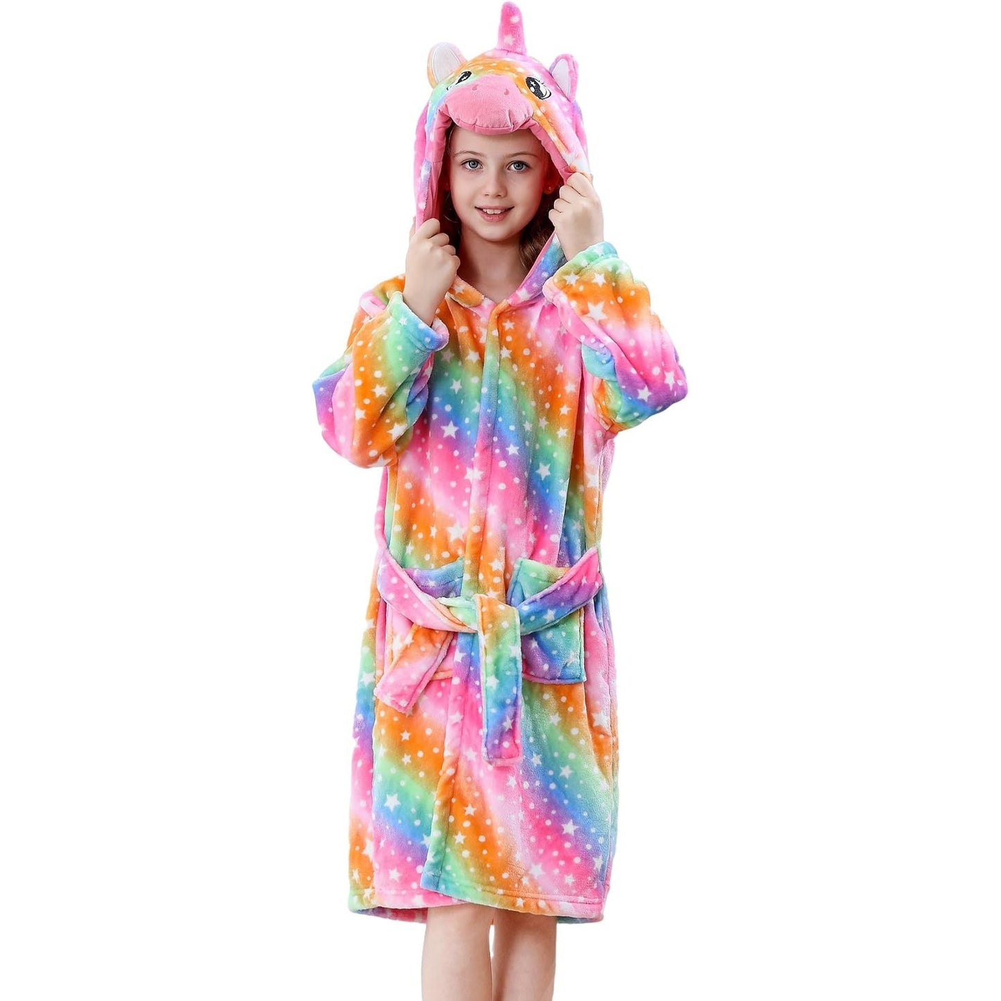 MICHLEY Kids Rainbow Unicorn Hooded Bathrobe Soft Flannel Animal Sleepwear