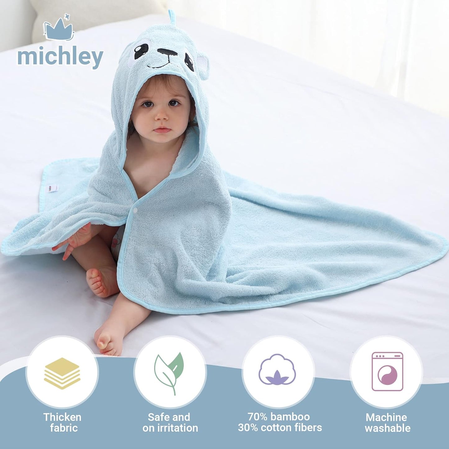 MICHLEY Blue Bear Bamboo Viscose Baby Hooded Towel Ultra-Soft
