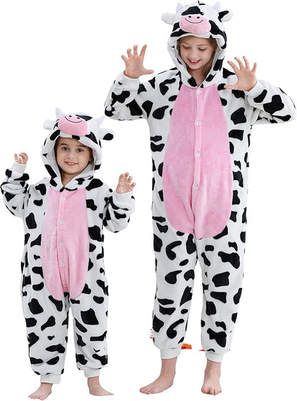 MICHLEY Kids Cow Hooded Romper Flannel Halloween Cosplay Pajamas Costume