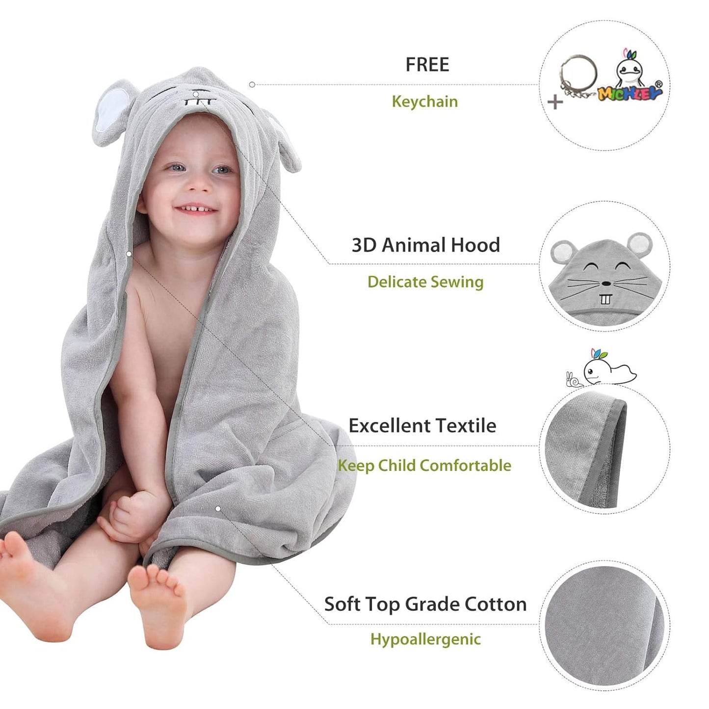 MICHLEY Baby Grey Mouse Hooded Bathrobe Soft Cotton Towel Robe