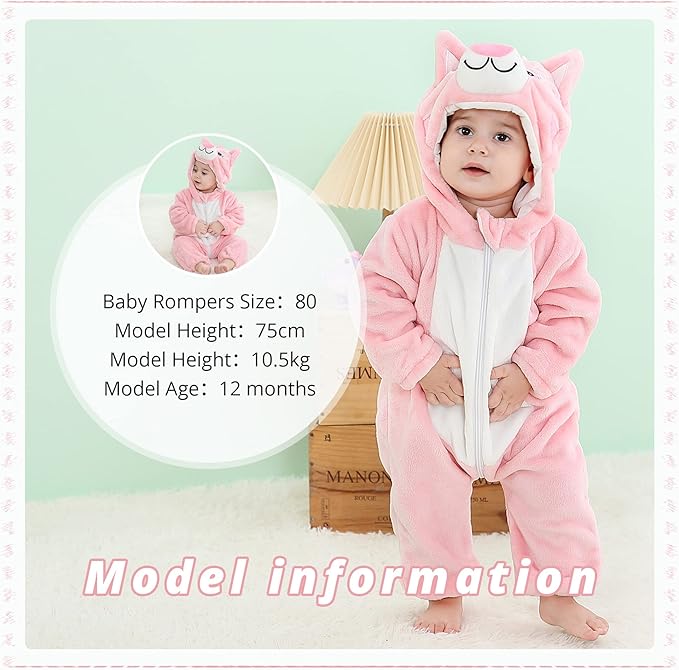 MICHLEY Pink Cat Baby Costume Winter Flannel Hooded Romper