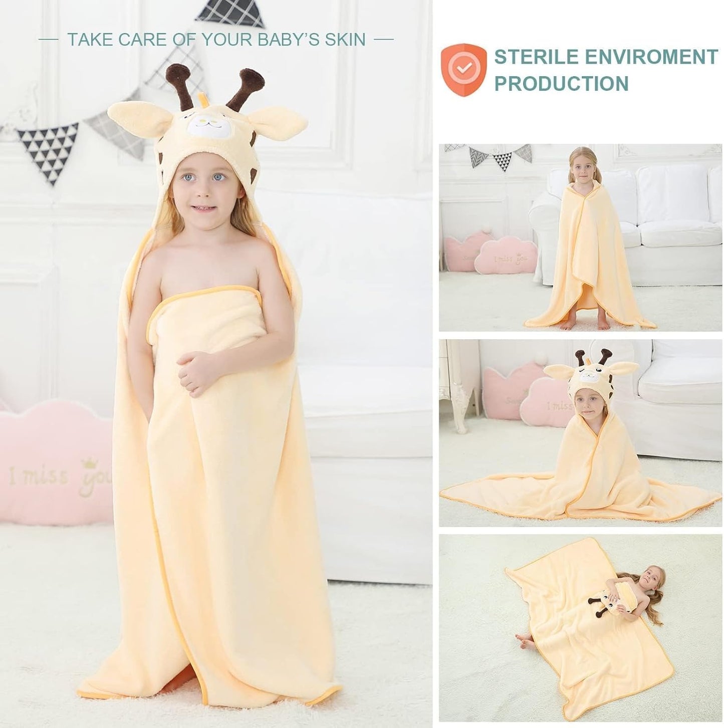 MICHLEY Giraffe Hooded Baby Towel Soft Cotton Kids Swim Robe 31.5"x53"