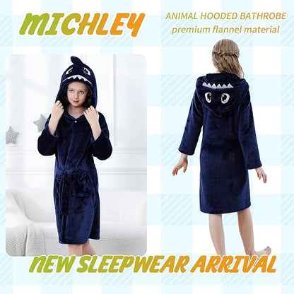 MICHLEY Kids Blue Shark Hooded Bathrobe Soft Flannel Animal Sleepwear