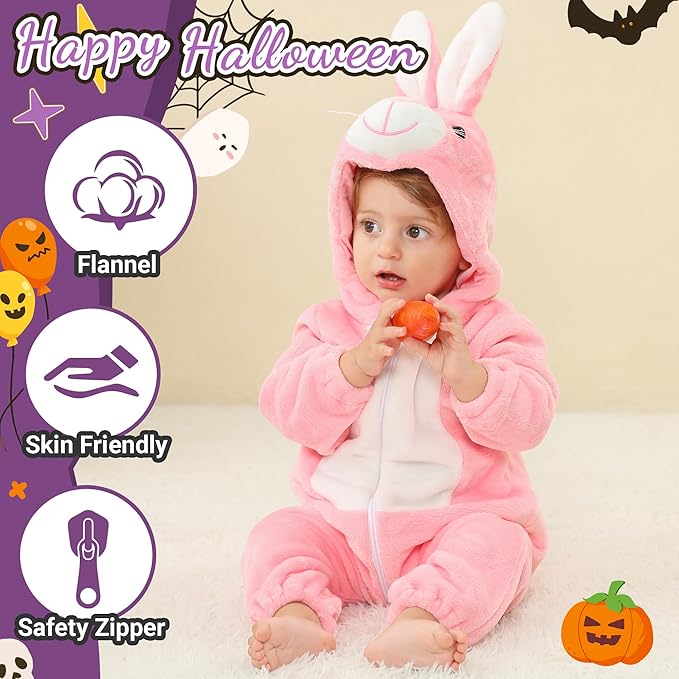 MICHLEY Pink Bunny Baby Costume Winter Flannel Hooded Romper