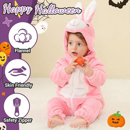 MICHLEY Pink Bunny Baby Costume Winter Flannel Hooded Romper