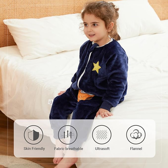 MICHLEY Kids Owl Sleep Sack – Blue Flannel Wearable Pajamas with Legs