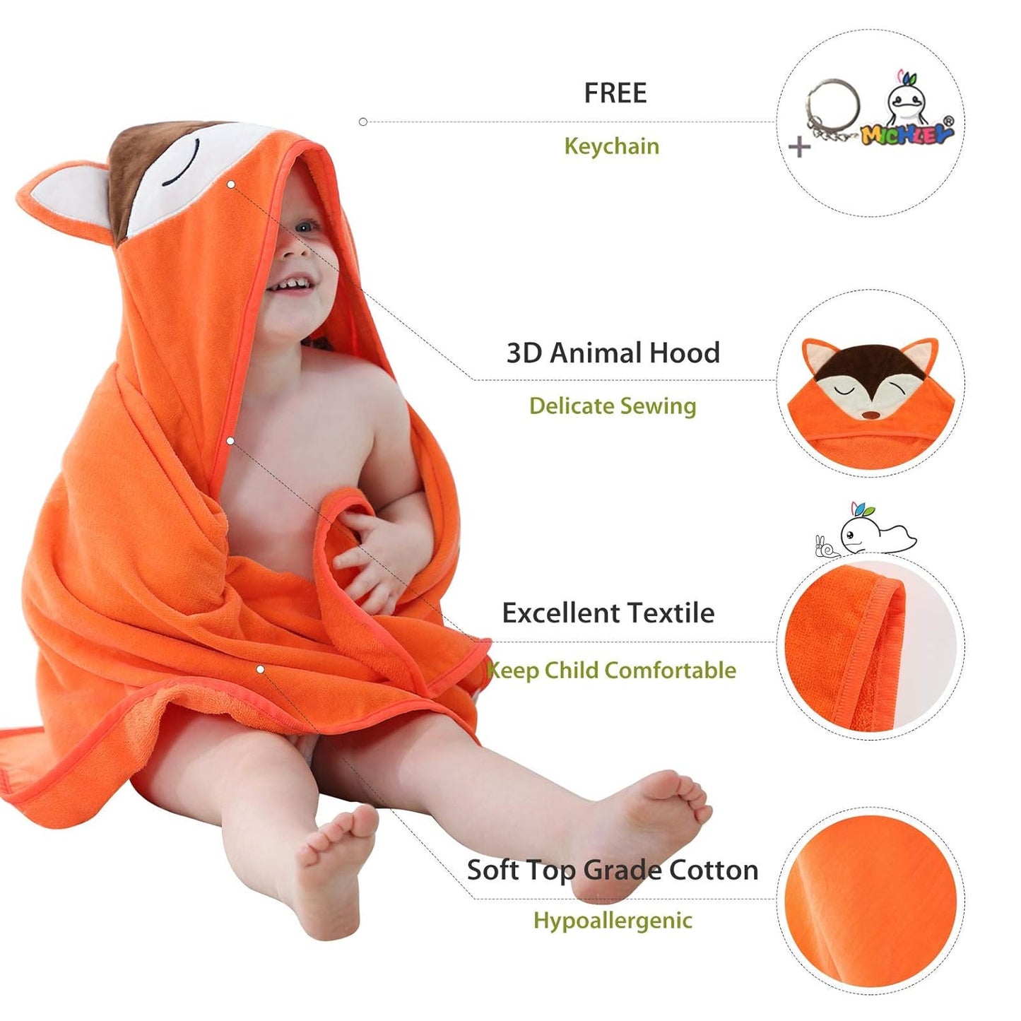MICHLEY Baby Orange Fox Hooded Bathrobe Soft Cotton Towel Robe
