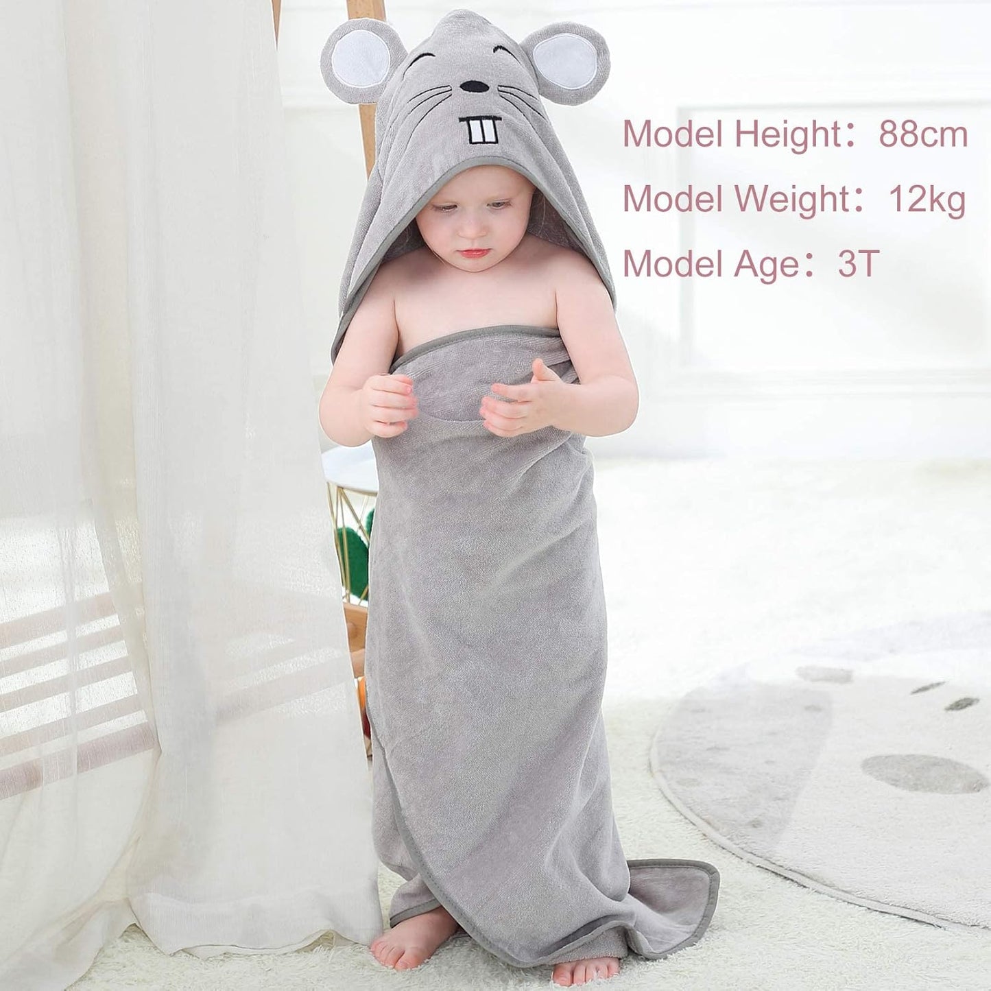 MICHLEY Baby Grey Mouse Hooded Bathrobe Soft Cotton Towel Robe