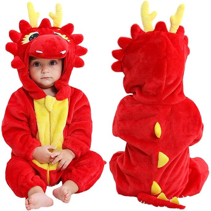 MICHLEY Red Dragon Baby Costume Winter Flannel Hooded Romper