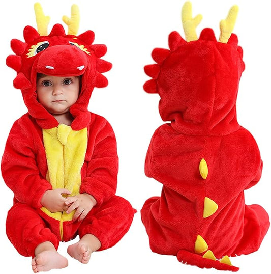 MICHLEY Red Dragon Baby Costume Winter Flannel Hooded Romper