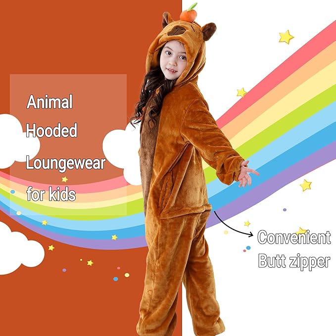 MICHLEY Kids Brown Capybara Hooded Romper Flannel Halloween Cosplay Pajamas