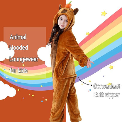 MICHLEY Kids Brown Capybara Hooded Romper Flannel Halloween Cosplay Pajamas