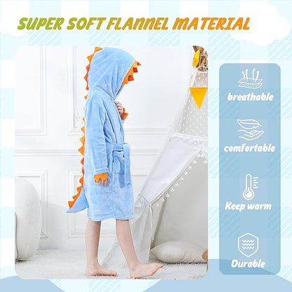 MICHLEY Kids Blue Dragon Hooded Bathrobe with Orange Spikes Flannel Sleepwear