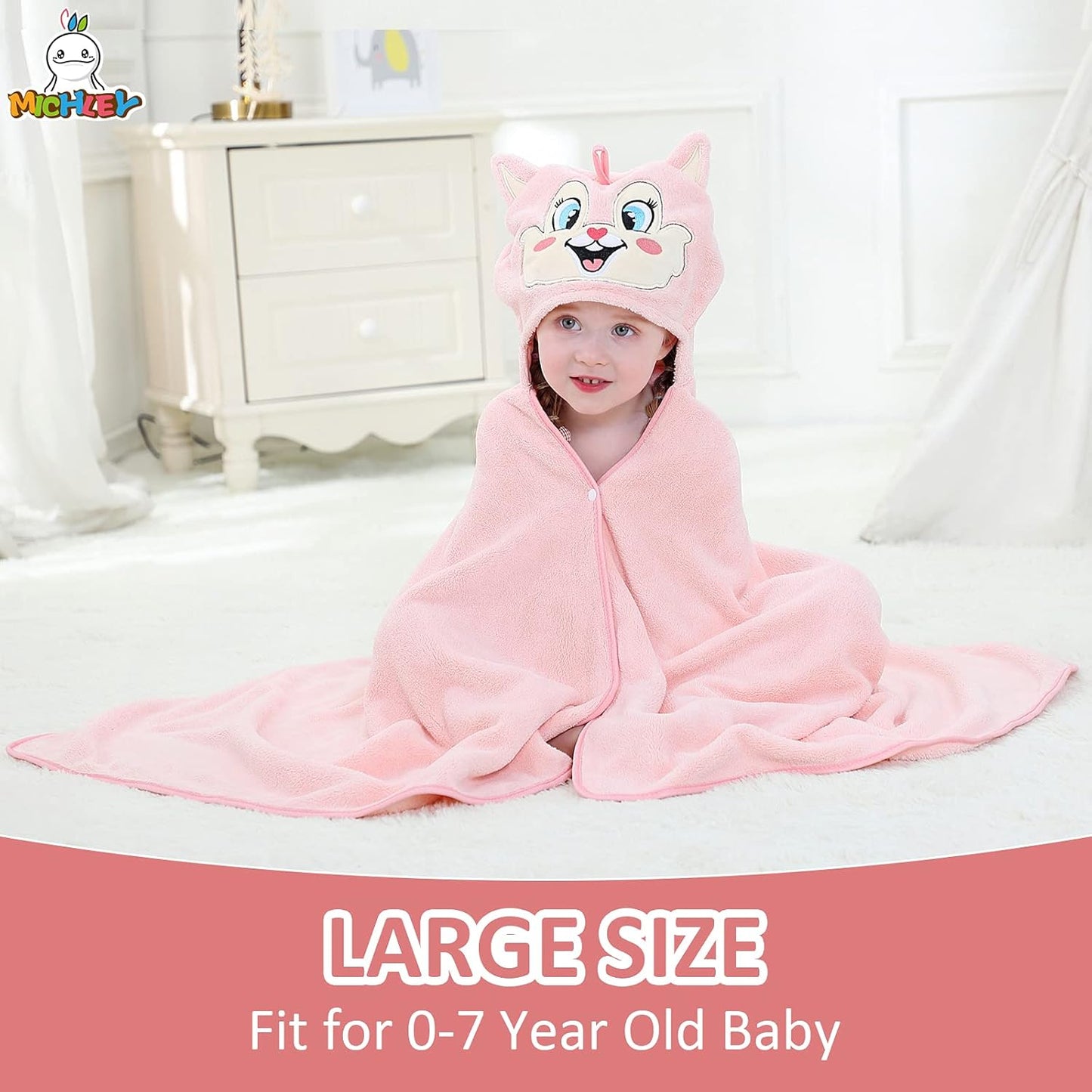 MICHLEY Pink Fox Hooded Baby Towel Soft Cotton Kids Swim Robe 27.5"x47"