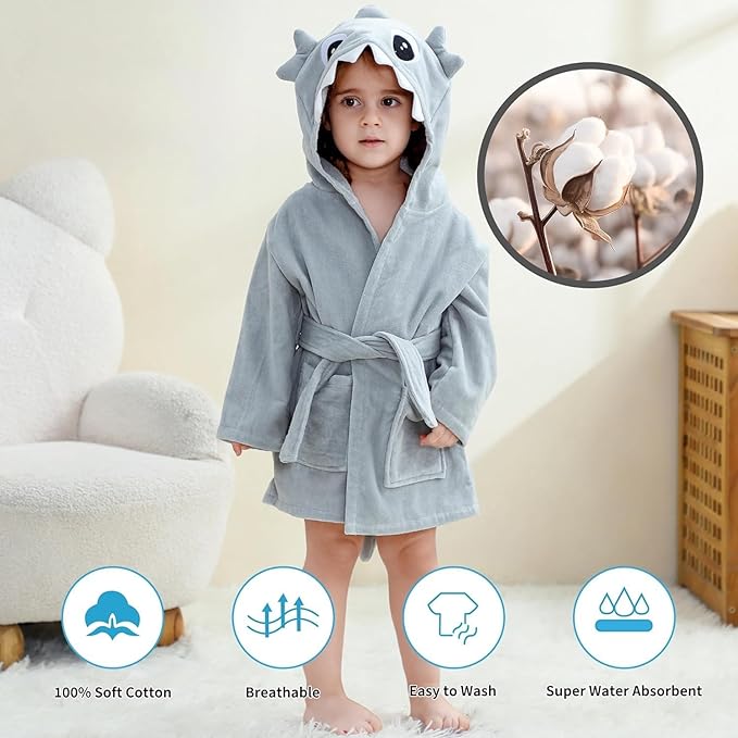 MICHLEY Baby Shark Hooded Bathrobe Soft Cotton Towel Robe
