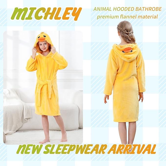 MICHLEY Kids Yellow Duck Hooded Bathrobe Soft Flannel Animal Sleepwear