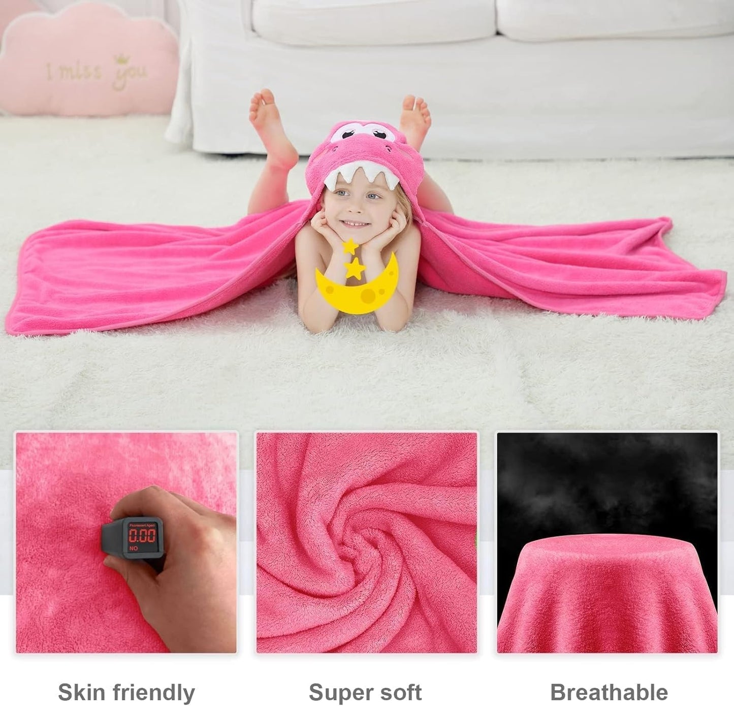 MICHLEY Pink Dinosaur Hooded Baby Towel Kids Swim Robe 31.5"x53"