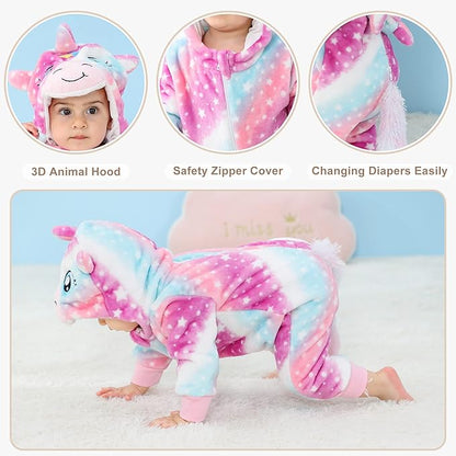 MICHLEY Starry Unicorn Baby Costume Winter Flannel Hooded Romper
