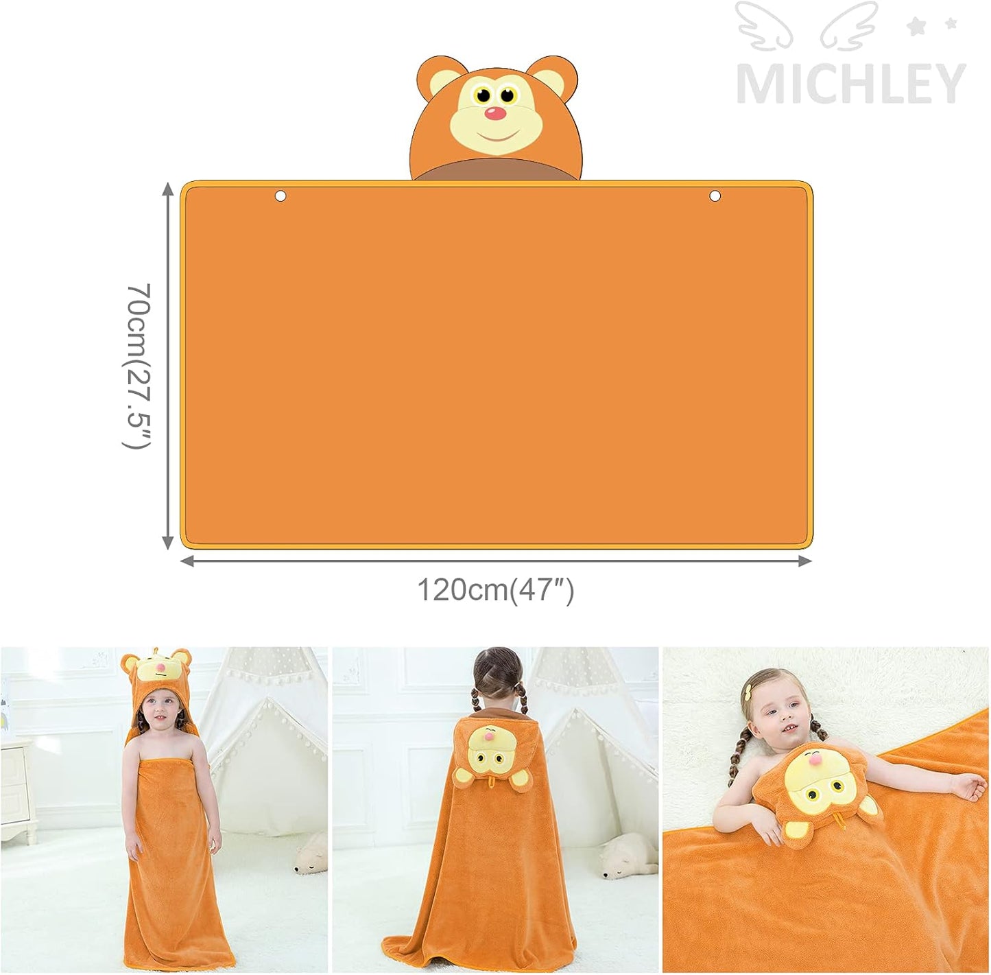 MICHLEY Monkey Hooded Baby Towel Soft Cotton Kids Swim Robe 27.5"x47"