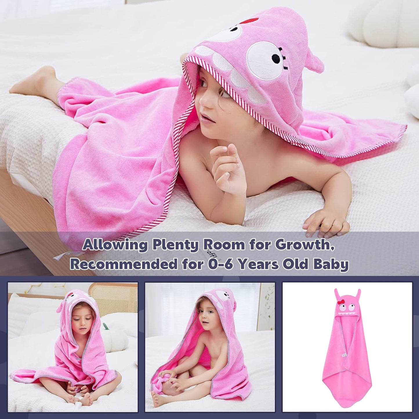 MICHLEY Baby Pink Monster Hooded Bathrobe Soft Cotton Towel Robe