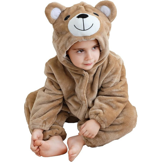 MICHLEY Baby Khaki Bear Hooded Romper Soft Flannel Animal Costume