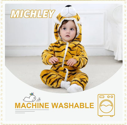 MICHLEY Baby Tiger Costume | Flannel Safari Animal Romper