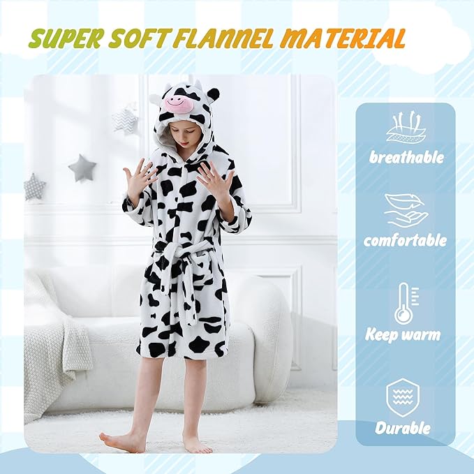 MICHLEY Kids Cow Hooded Bathrobe Soft Flannel Animal Sleepwear