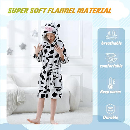 MICHLEY Kids Cow Hooded Bathrobe Soft Flannel Animal Sleepwear