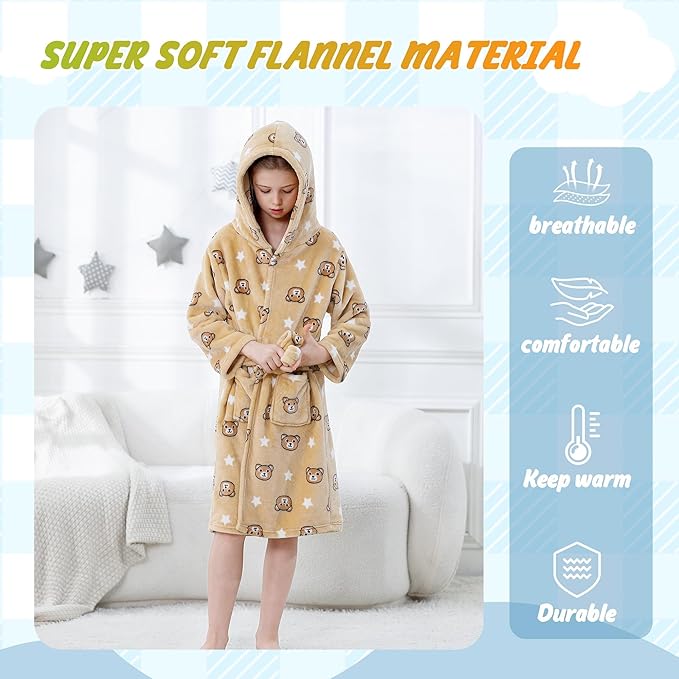 MICHLEY Kids Yellow Bear Hooded Bathrobe Soft Flannel Animal Sleepwear
