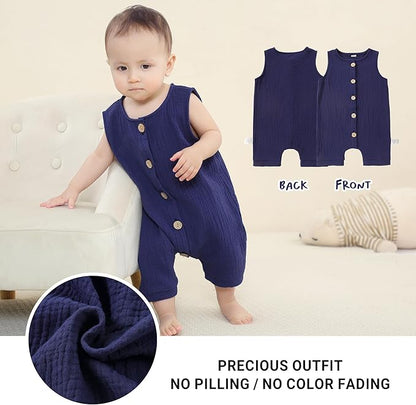 MICHLEY Baby Sleeveless Summer Cotton Romper Unisex Toddler Jumpsuit (Dark Blue)