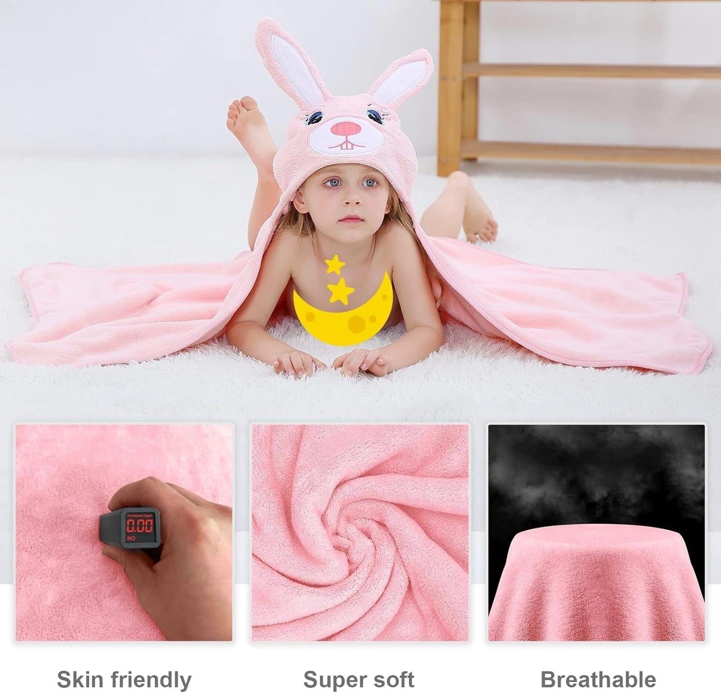 MICHLEY Pink Rabbit Hooded Baby Towel Soft Cotton Kids Swim Robe 27.5"x47"