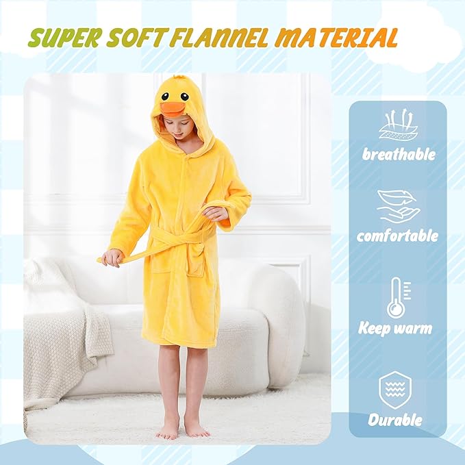 MICHLEY Kids Yellow Duck Hooded Bathrobe Soft Flannel Animal Sleepwear