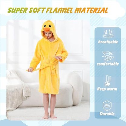 MICHLEY Kids Yellow Duck Hooded Bathrobe Soft Flannel Animal Sleepwear
