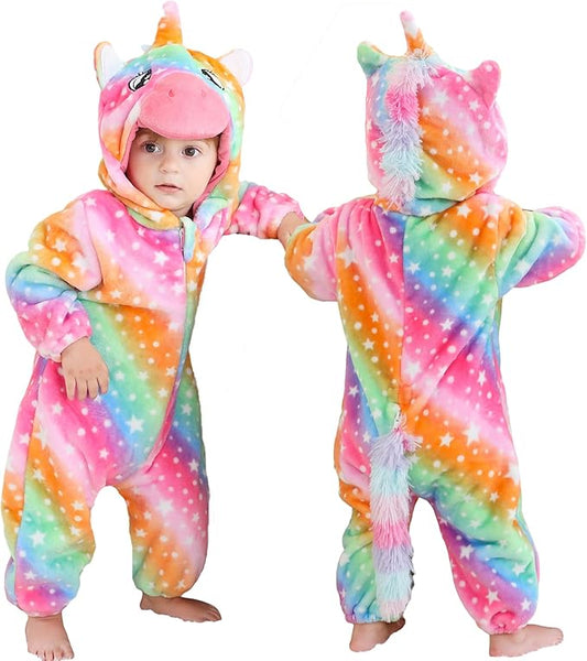 MICHLEY Rainbow Unicorn Baby Costume Winter Flannel Hooded Romper